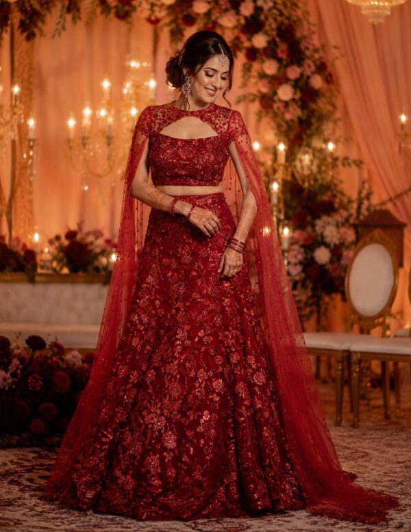 Ruby Royale Bridal Lehenga – Deep Maroon Embroidered Tulle Set