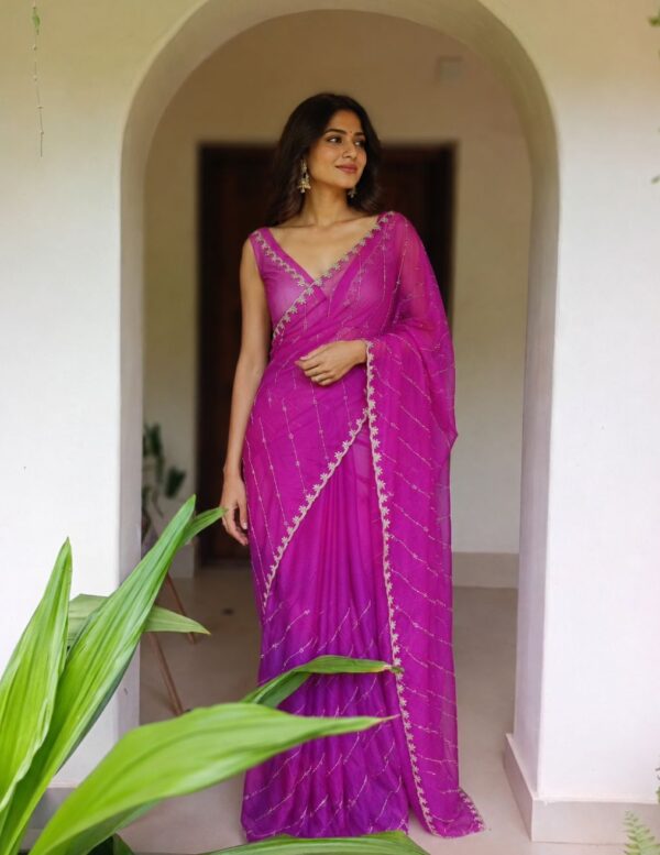 Magenta Purple Embroidered Organza Saree