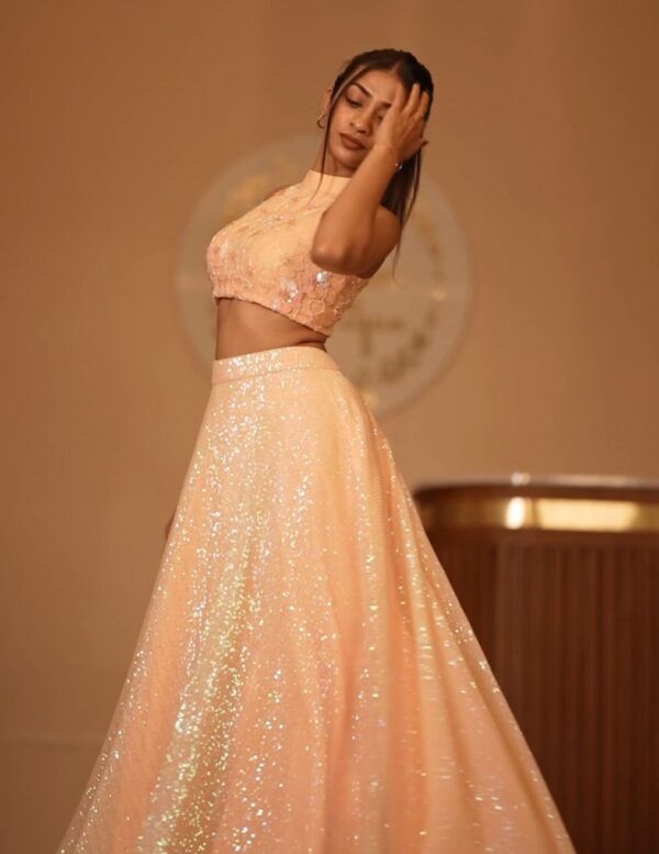 Peach Sequin Halter-Neck Crop Top with Shimmer Flared Lehenga