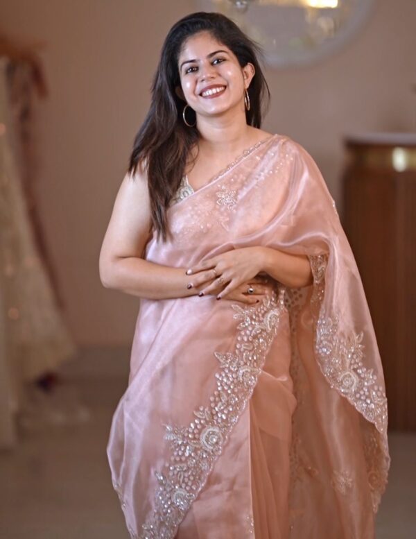 Blush Pink Organza Saree with Pearl Embellished Border and Designer Blouse