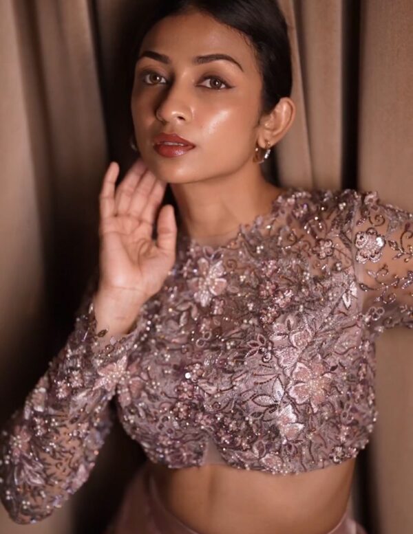 Dusty Mauve Fully Embellished Long-Sleeve Blouse with Satin Lehenga