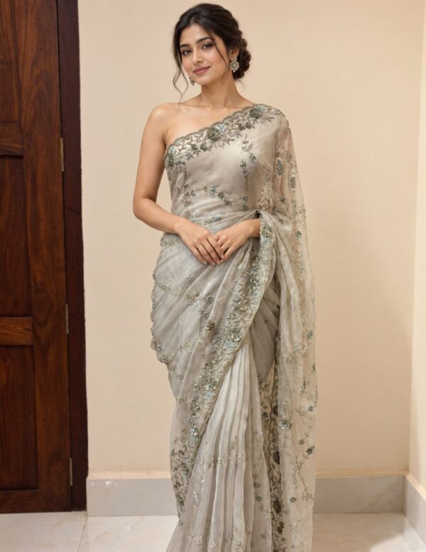 Silver Grey Fully Embroidered Designer Net Saree with Floral Embellished Blouse