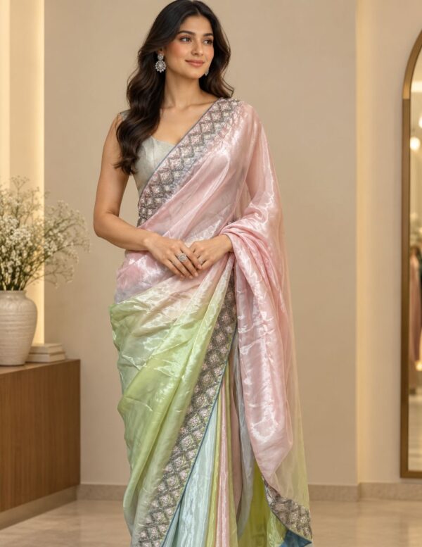 Pastel Multicolour Designer Saree with Silver Embellished Border